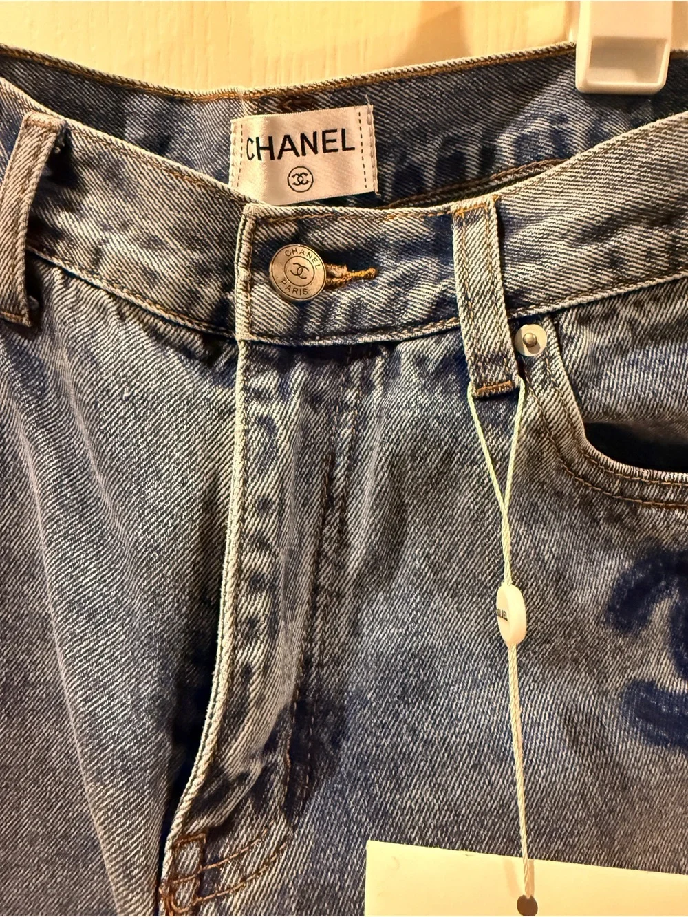 CHANEL Blue Denim Flare Jeans with Logo Motif